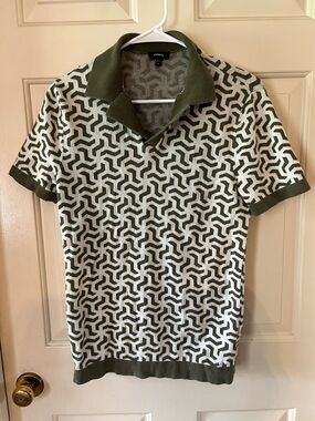 Express Olive & White Geometric Knit Polo
